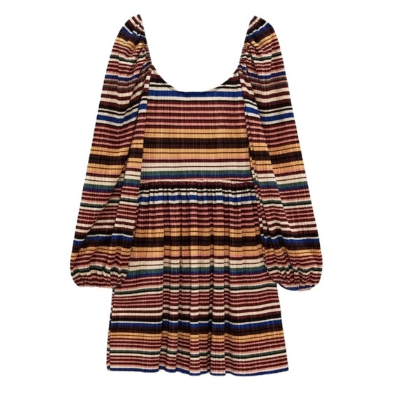 ZARA Multicolor Stripe Pleated Long Balloon Sleeve Dress - Picture 13 of 14